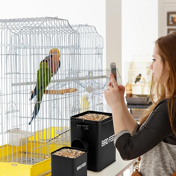 2 Pcs Metal Bird Seed Container with Scoop, Bird Feed Storage Container with Fitted Lid, Farmhouse Style Ideal Gift for Birds and Pet Owners(Black)