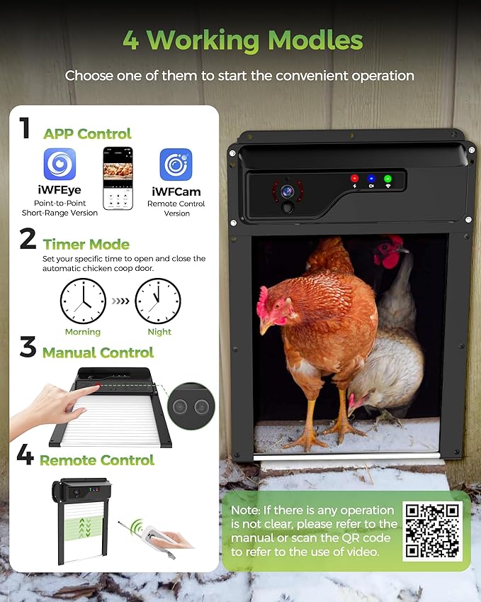 WiFi Automatic Chicken Coop Door,App&Remote Control Chicken Door with 1080P HD Camera,5000mAh Battery,Timer,Anti-Pinch Protection & Security Alarm,Solar Powered or USB Charging