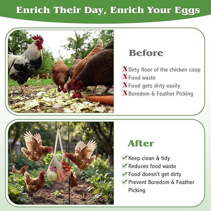 10 Pcs 2 Sets Hanging Chicken Feeder Chicken Coop Toys Accessories Include Dual Size Poultry Vegetable Fruits String Bag Heavy Duty Shepherd's Hook Veggie Treat Ball for Hen Goose Duck