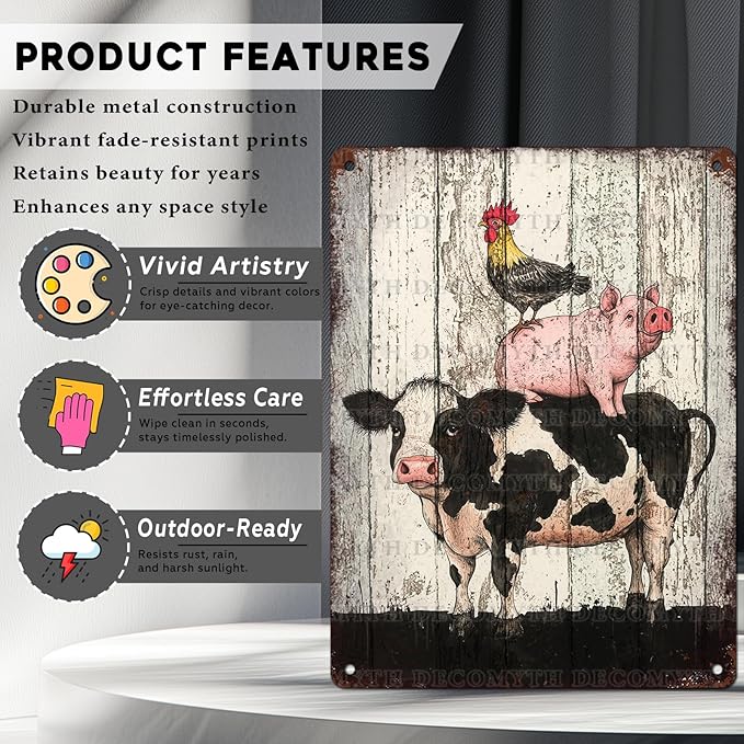 Vintage Chicken Cow Pig Tin Sign Retro Coop Wall Decor Nostalgic Art Funny Animals Rustic Metal Poster Outdoor Store Cafe Poultry House Pubs Farm Farmhouse 12 * 16inch