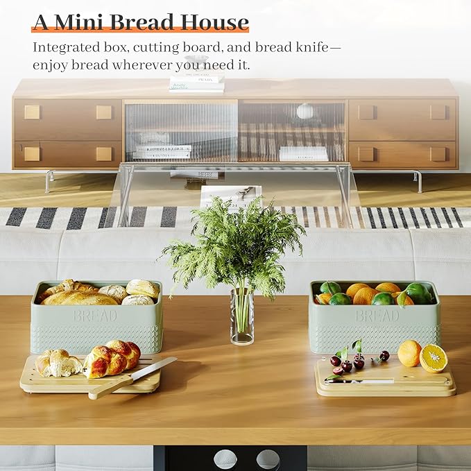 Bread Box for Kitchen Countertop - Metal Bread Storage with Bamboo Cutting Board Lid & Bread Knife, Corner Bread Container for Homemade Bread and Toast, Green