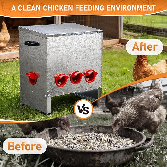 Outvita Metal Chicken Feeder 85 Pounds 5 Ports, No Waste Automatic Chicken Feeder, Metal Poultry Feeder with Handle for Chickens Duck Bantams Pheasants Poultry Coop Weatherproof, Rodent Proof