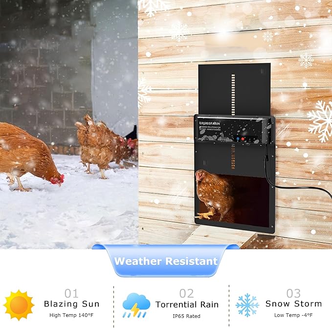 Automatic Chicken Coop Door, Programmable via App Timer, Solar/Battery/Grid Powered Design with Anti-Pinch Protection, Waterproof Aluminum Auto Door for Chickens & Ducks,Plug & Play Setup - GRUBSFARM