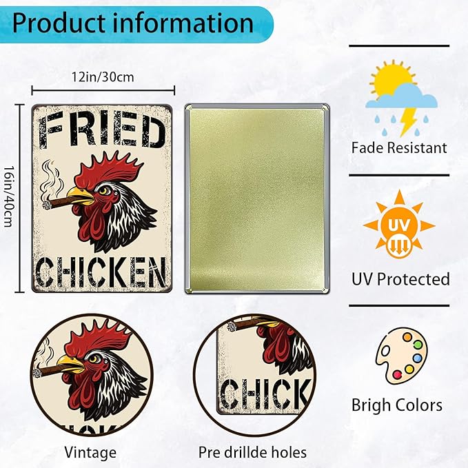 Farm Chicken Cock Hen Metal Tin Sign Rooster Fried Chicken Poster Bar Pub Iron Sign Poster Home Decor Garage Bar Restaurant Kitchen Cafe Bar Pub 12x16 Inch Wall Art Decor