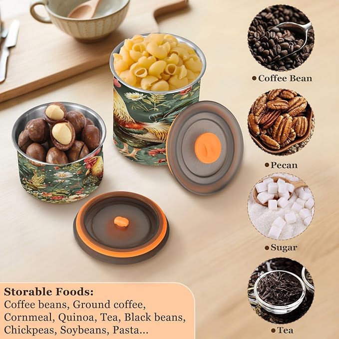 Farm Rooster and Flowers Coffee Canister 30oz Stainless Steel Airtight Food Storage Container with Lid for Beans/Cereal Preserval