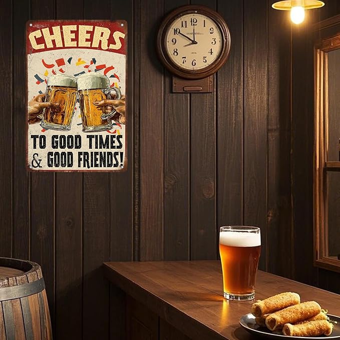 Cheers Beer Iron Sign Poster Cheers Beer Toast Metal Tin Sign Cheers Beer Toast Sign Home Decor Garage Bar Restaurant Kitchen Cafe Bar Pub 12x8 Inch Wall Art Decor