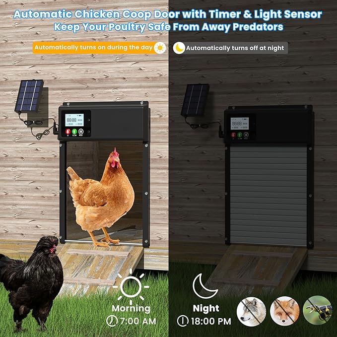 Automatic Chicken Coop Door Solar Powered, WiFi Automatic Chicken Door APP Control, Solar Chicken Coop Door Timer & Light Sensor, Auto Chicken Coop Door Opener LCD Display Aluminum Anti-Pinch Design