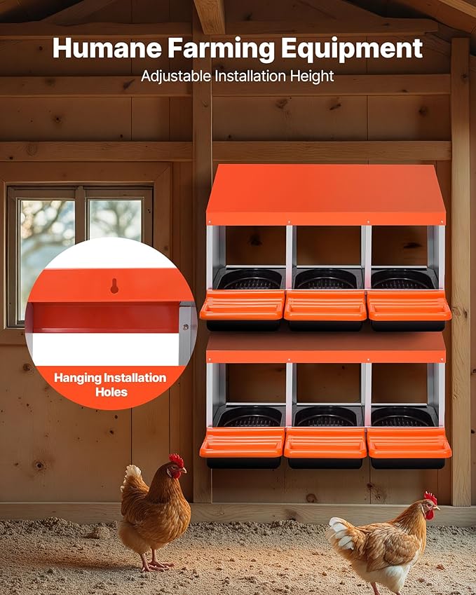VEVOR Chicken Nesting Boxes, 3 Compartments, Metal Egg Laying Boxes with Protective Collection Lids, Roll Out Nesting Box, Easy to Assemble, Ideal for Hens, Ducks, Chickens, and Other Poultry, Orange