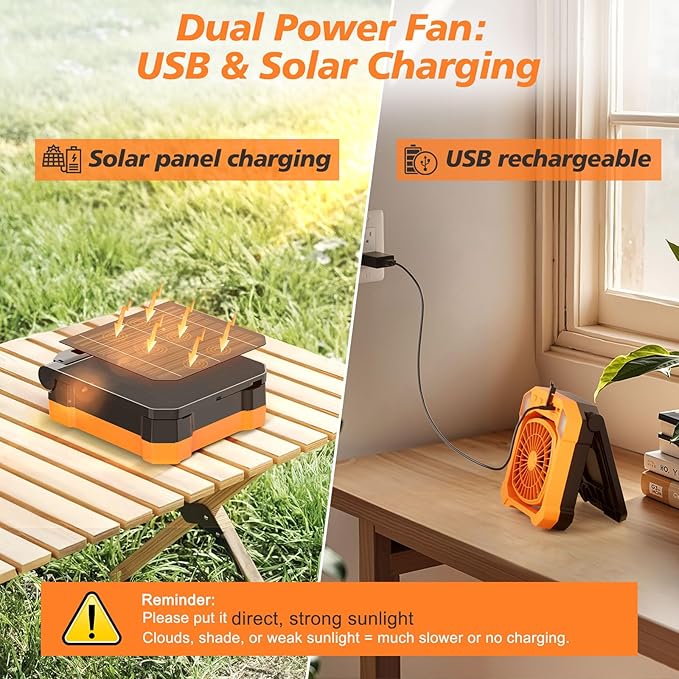 Camping Fan Battery Powered & Solar Powered, Portable Solar Fan 10000mAh Rechargeable Outdoor Fans with Light, Quiet Cordless Fans for Tent, RV, Emergency, Hiking, Power Outage, Desk, Survival Kit
