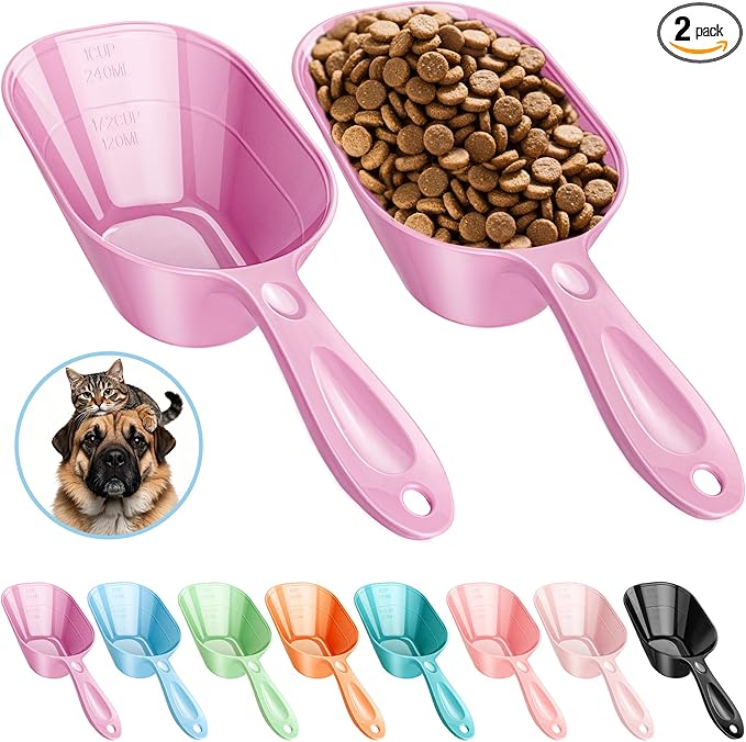 Pet Food Scoop 2 Pack, Dog Cup Capacity Cat Food Scooper With Measuring Lines For Dog, Puppy and Cat Coffee Bean, Flour Scoop Purple