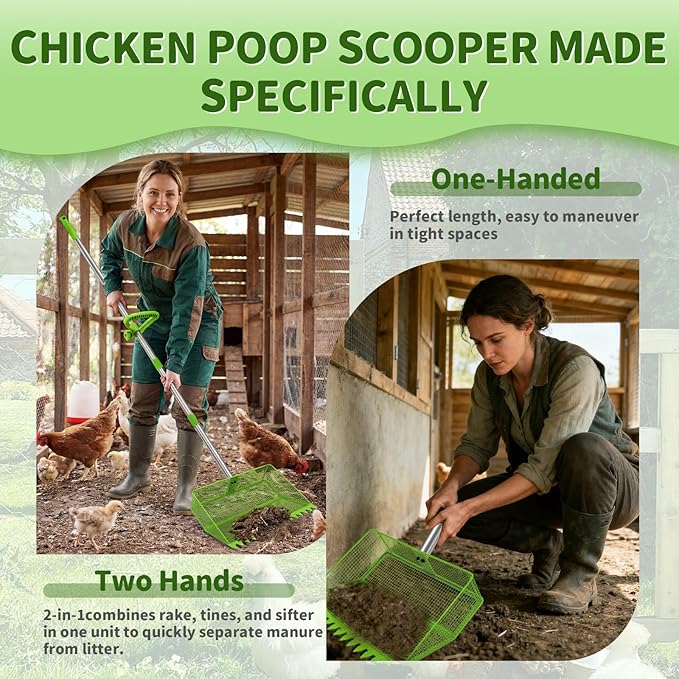 2-in-1 Chicken Coop Scooper: Extra Large 12” Poop Scooper & Rake with Adjustable Handle (37”-65”) | Heavy-Duty Metal Shovel for Quick Pet Waste, Rabbit, Guinea Pig, Barn Cleaning | Green