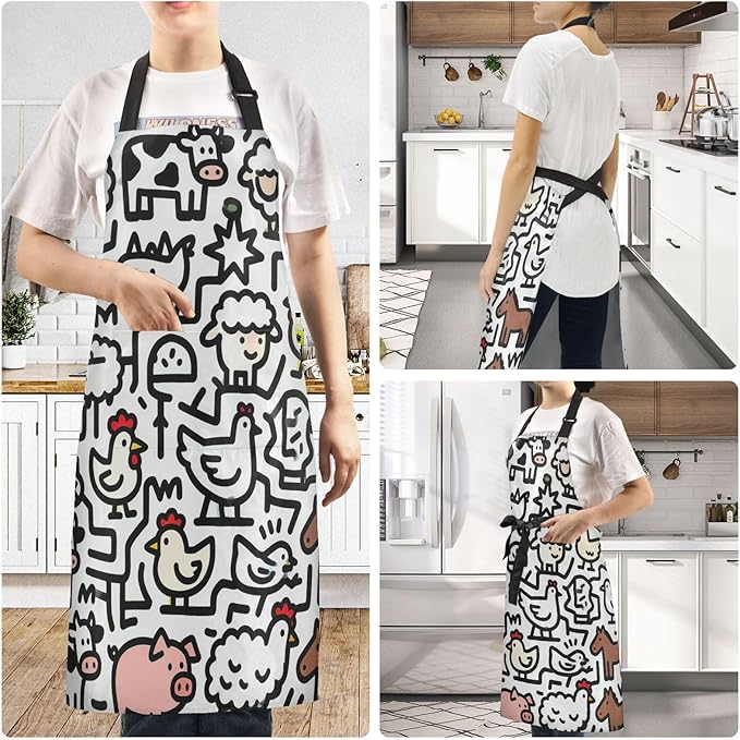 Farm Animal Print Daily Life Apron, Adjustable with 2 Pockets, Water-Splash Resistant, Stain-Resistant, Cooking Kitchen Chef Apron, Suitable for Men and Women,34.6 x 26.7 inches