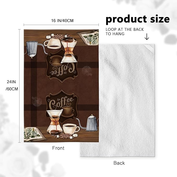 Vintage Coffee Kitchen Towels Decorative Set of 4, Brown Dish Towels Soft Absorbent Cute Tea Towel Hand Towel for Coffee Bar Drying Cleaning Kitchen Decor