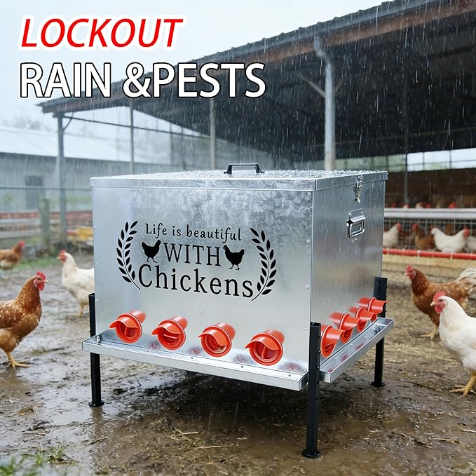 Upgraded 280 LB Automatic Large Capacity Chicken Feeder with Sturdy Adjustable Support Rod 16 Feeding Ports - Anti Waste Design Durable Poultry Feeder for Backyard Farms, Chicken Coops