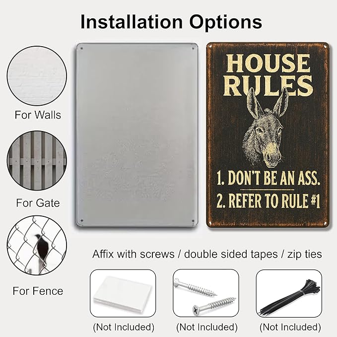 Funny Bar Signs for Home Bar Decor, Vintage Man Cave Wall Decor, Metal House Rules "Don't Be An Ass" Sign, Cool Things for Your Bar, Game Room, Garage, Kitchen, Bar Gifts for Men - 8x12 Inch