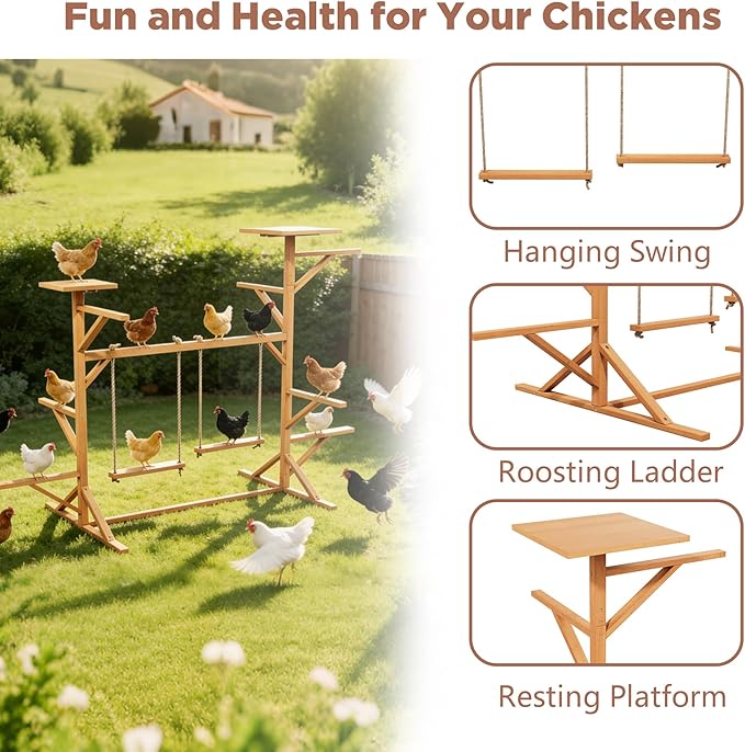 Chicken Roosting Bars with Ladder & 2 Swings, Wooden Chicken Coop Roosting Perch for Run, Perfect for Multiple Chicks, Backyard Coop & Farm Use