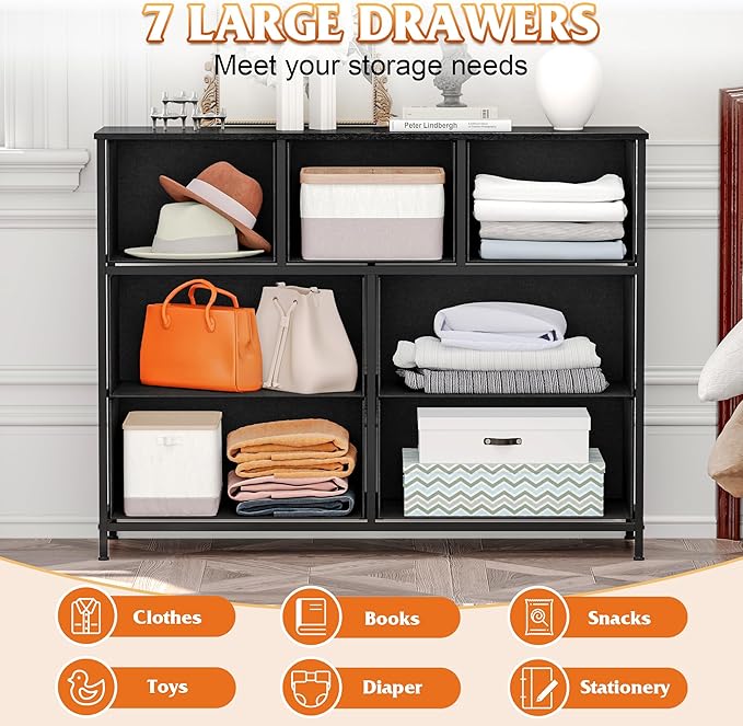 WelFurGeer 7-Drawer Fabric Dresser with Metal Frame, Dressers & Chests of Drawers, White Chest of Drawers for Bedroom, Hallway, Entryway, Closets, Kids Room Organization, Black