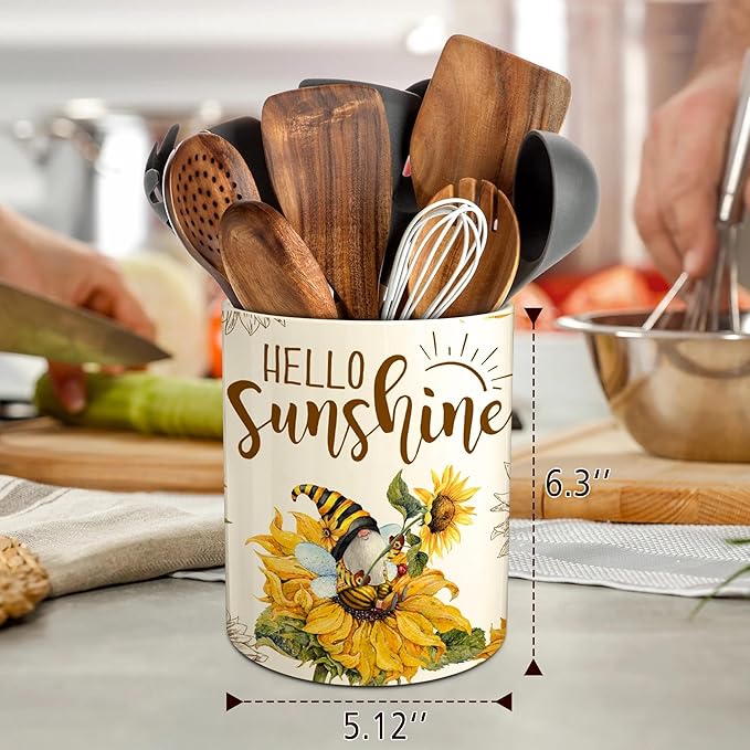 Hexagram Sunflower Decor Utensil Holder, Sunflower Kitchen Decor Ceramic Utensil Holder for Farmhouse Indoor Kitchen Decorations Rustic Farmhouse