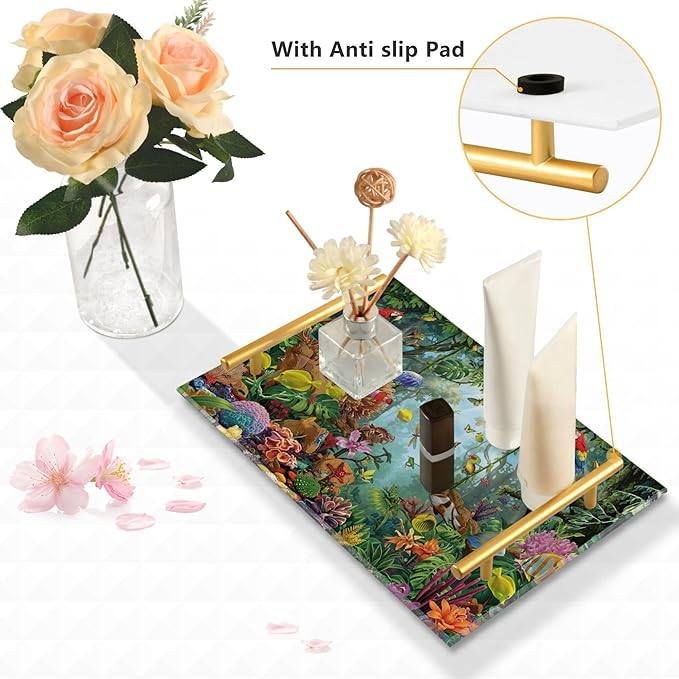 Bathroom Vanity Tray Counter Organizer, Tropical Rainforest Ecosystem Decorative Tray with Handles Countertop Storage for Bathroom Bedroom Kitchen Home Farmhouse