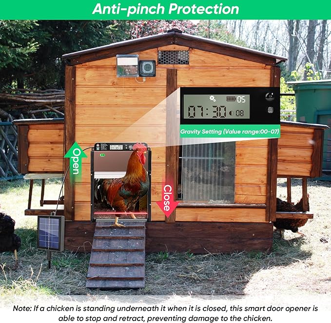 Automatic Chicken Coop Door Solar Powered, Anti-Trap Chicken Door with LCD Screen, Light Sensor, Timer, Remote Control, Anti-Pinch Design,for Chicken, Duck, Goose Farms