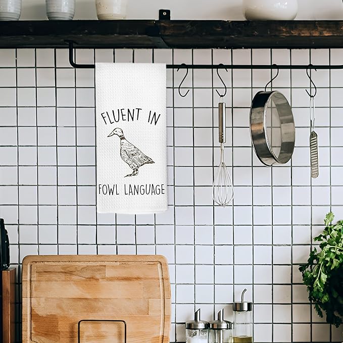 Funny Duck Kitchen Dish Towels 16x24 Inch, Rustic Crazy Duck Gifts for Duck Lover Duck Mom, Fluent in Fowl Language Decorative Hand Towels Tea Towels for Farmhouse Home