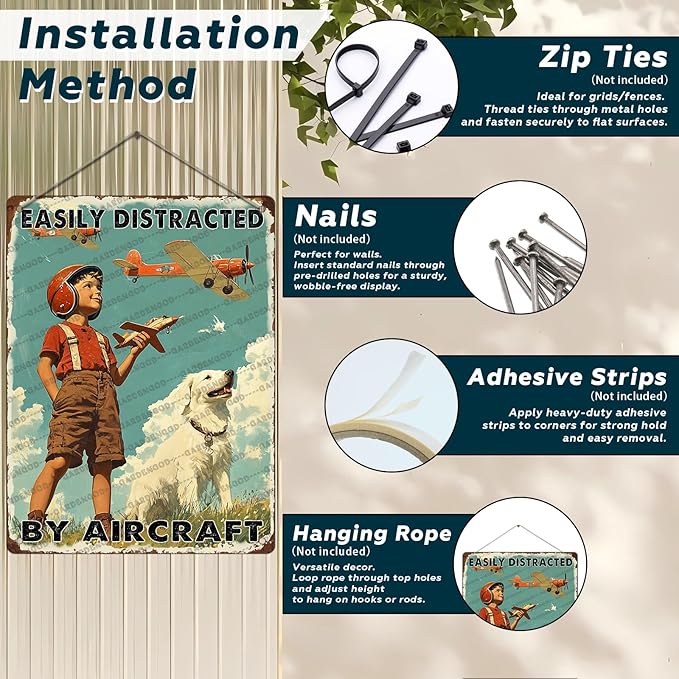 Airplane Decor Aviation Wall Art Vintage Airplane Metal Tin Sign Easily Distracted By Aircraft Retro Plane Poster For Home Bar Garage Man Cave 16x12 Inch