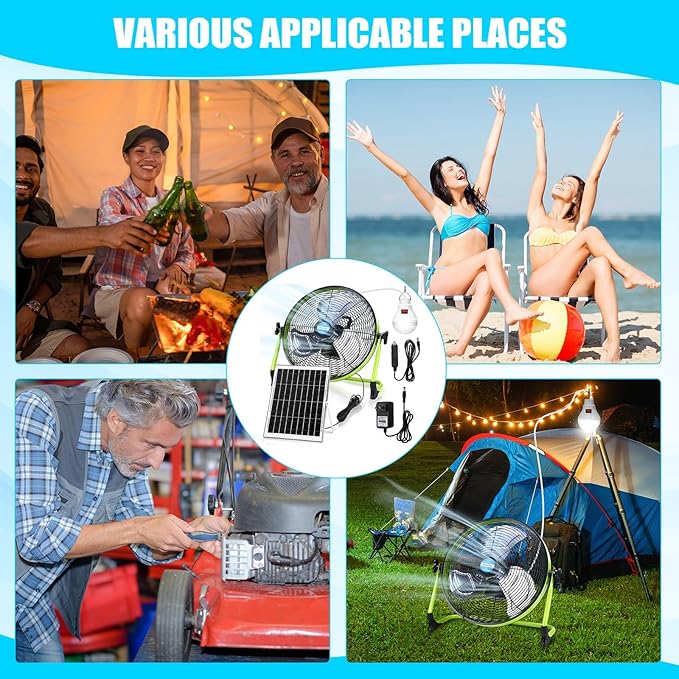 Sumind 14 Inch Portable Rechargeable Fan,15000mAh 20W Battery Powered, Solar Powered Camping Fan with Panel and Light for Outside, Home, Travel, Chicken Coop, Dog House, Shed, Greenhouse