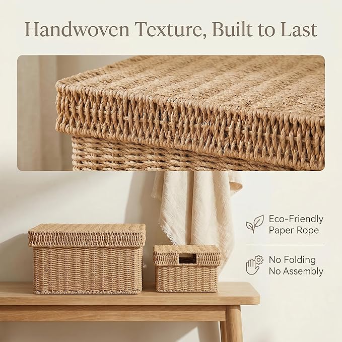Wicker Storage Basket with Lid - Woven Storage Basket for Organizing,Rectangular Decorative Boxes Bins with Lids for Shelves, living room, Nursery, 2-Piece Set(Natural)