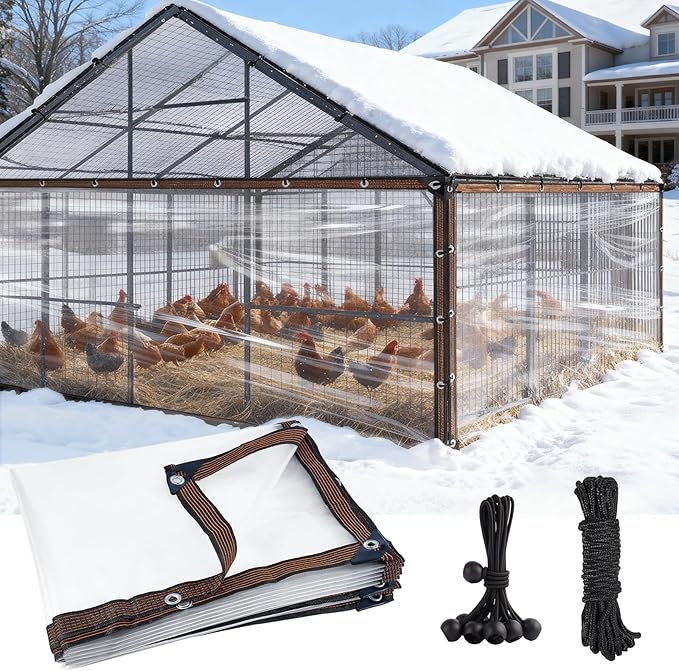 6.6 x 10FT Waterproof Chicken Coop Cover for Winter, Durable Easy Install Chicken Run Tarp with Rope & Cable Tie, Chicken Coop Insulation Windproof Winterizing Cover for Large Chicken Cage Walk-in Run