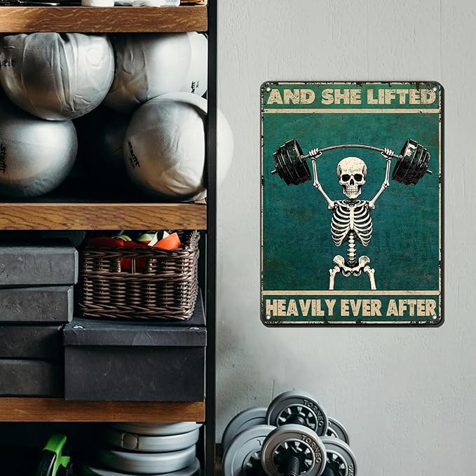 Skeleton Vintage And She Lifted Heavily Ever After Metal Tin Sign 12x16 Inch Gym Metal Poster Funny Skull Gym Tin Sign Home Kitchen Garden Bar Coffee Restaurant Bathroom Are Wall Decor