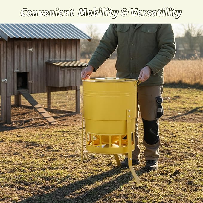 KOL Chicken Feeder No Waste for Coop & Outdoors, 16 Port 50lbs Poultry Feeder with Spill-Control Design, Rust-Proof Powder Coated Metal & Smooth Safe Edges (Yellow)