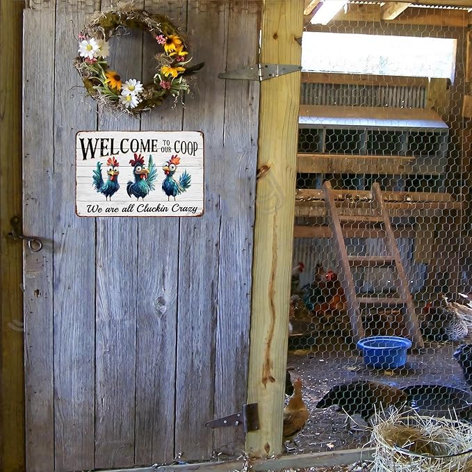 Funny Chicken Decor Sign Welcome to Our Coop Metal Chicken Coop Tin Signs for Farm Chicken Coop Farmhouse Kitchen Vintage Wall Decor 12x8 Inch