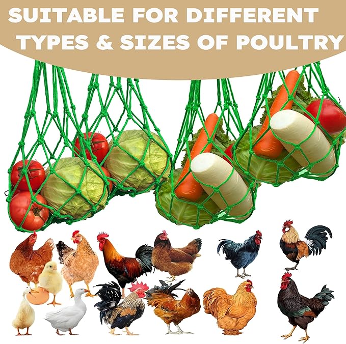 Chicken Vegetable Fruit Hanging Feeder 4Pcs, Reusable String Bag with Hook for Chicken Coop Toys, Poultry Feeding Tool for Hens,Duck,Goose(Green)