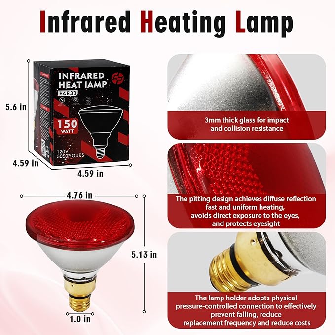 Heat Lamp, 175W Heat lamp Bulbs, PAR38 Infrared Heat lamp, Halogen Heat for Food Service, Brooder Bulb, Chicks, Pet, Bathroom, Light Therapy Use E26 Base, Flood Light Heat Lamp. 2 Pack