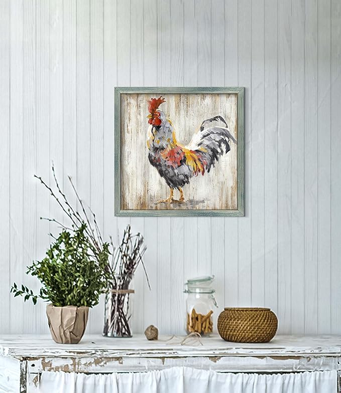 Farmhouse Animal Wood Wall Art: Rustic Rooster Framed Print Picture Farm Chicken Artwork Vintage Country Kitchen Home Painting Decor for Bedroom Living Room 12 x 12 Inches