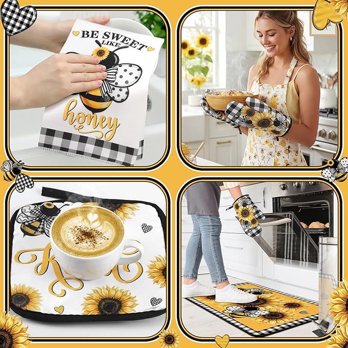 10 Pcs Farmhouse Kitchen Decor Set Dish Towels Kitchen Rugs Oven Mitts and Pot Holders for Cooking Baking Grilling Women Mom Daughter Gift(Yellow,Black,Bee Theme)