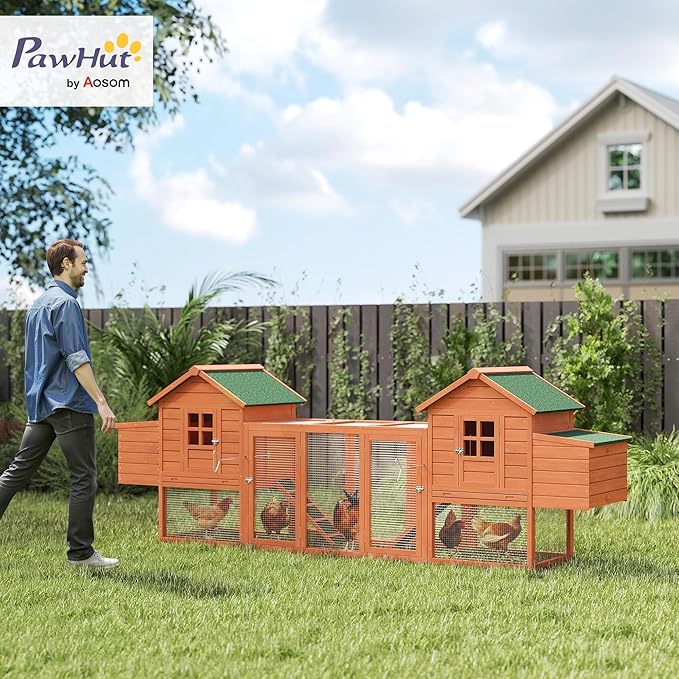 PawHut Dual Wooden Chicken Coop with Garden Bed, Large Outdoor Hen House with Nesting Boxes Removable Trays, Ramps Run, for Garden Backyard, 123" x 27.5" x 42.5", Natural Wood