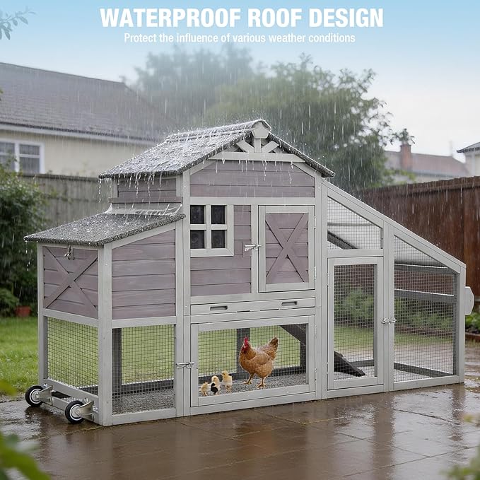 Large Chicken Coop with Run and Wheels, Wooden Hen House with Nesting Box and Waterproof Roof, Poultry Cage with Leakproof Tray, Rabbit Hutch, Bunny Cage Outdoor, Chicken Tractor for 4 Chickens (Grey)