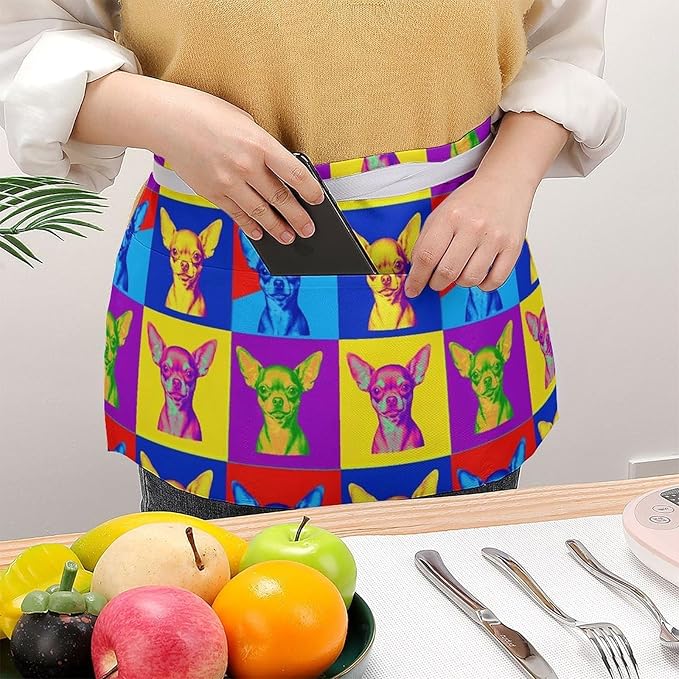 Unisex Chef Waiter Apron Waist Half Short Serving Aprons with 3 Pockets