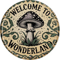 CSWLJS Mushroom Decor Vintage Round Metal Tin Sign “Welcome to Wonderland” 8 × 8 in Wall Decor for Kitchen Living Room Garden Cottage Gift