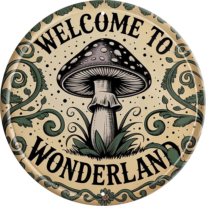 CSWLJS Mushroom Decor Vintage Round Metal Tin Sign “Welcome to Wonderland” 8 × 8 in Wall Decor for Kitchen Living Room Garden Cottage Gift