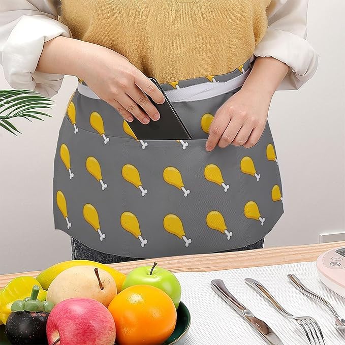 Unisex Chef Waiter Apron Waist Half Short Serving Aprons with 3 Pockets