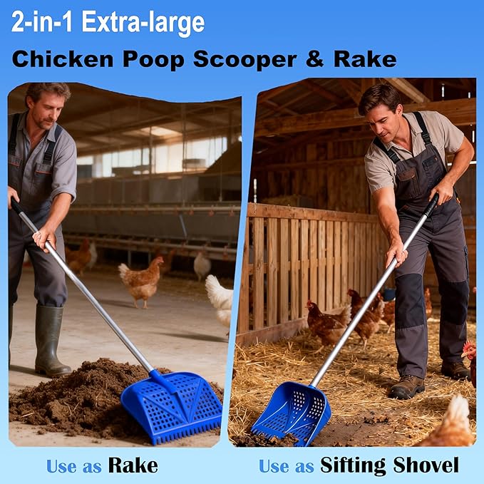 11.8inch Heavy Large 2-in-1 Chicken Poop Scooper & Rake,Adjustable Aluminum Handle（20–61"） Chicken Coop Scoop– Litter Scoop Sand & Sifting Shovel for Chicken Coops(Blue)