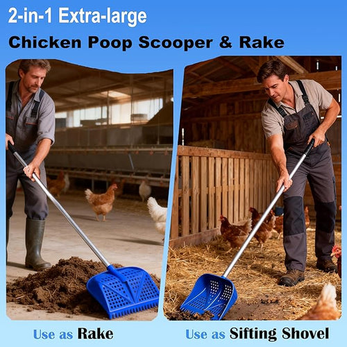 11.8inch Heavy Large 2-in-1 Chicken Poop Scooper & Rake,Adjustable Aluminum Handle（20–61"） Chicken Coop Scoop– Litter Scoop Sand & Sifting Shovel for Chicken Coops(Blue)