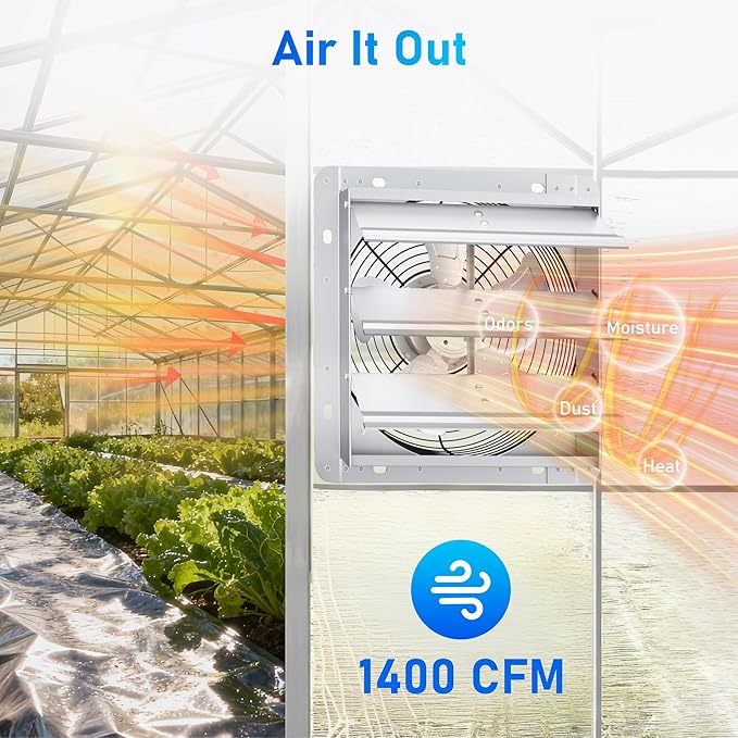 10 Inch Shutter Exhaust Fan, High-Speed 1400CFM Low Noise Attic Fan, Automatic Shutter, Ventilation and Cooling Vent Fan for Greenhouses, Garages, Shop, Chicken Coops, Gable, Shed