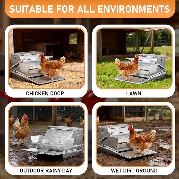 Outvita Automatic Treadle Chicken Feeder, 25 Lbs No Waste No Spill Rodent Proof Metal Chicken Feeder with Weatherproof Lid, Chicken Supplies for Your Chickens Duck Bantams Pheasants Poultry Coop
