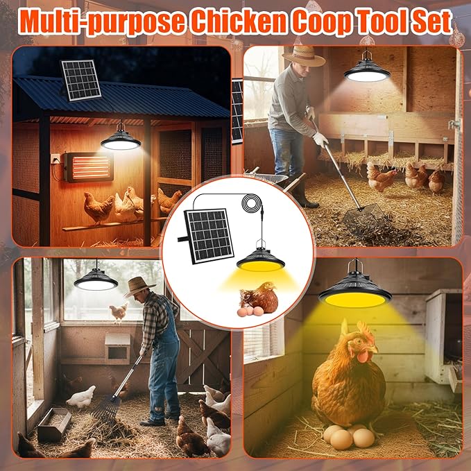 Solar Chicken Coop Light with Timer, 2 Pcs Adjustable Heavy Chicken Poop Scooper and 11 Tooth Coop Rake Set, 10 Pcs 11.8 x 11.8 Inch Natural Laying Hen Nesting Pads for Most Nesting Boxes