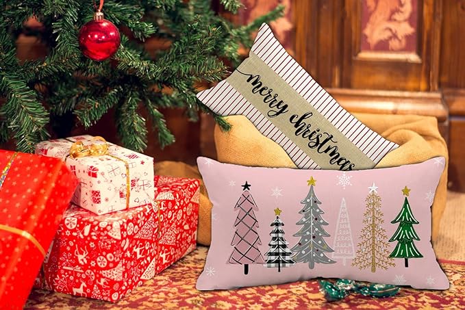 Pink and Gray Merry Christmas Trees Snowflake Throw Pillow Cover, 12 x 20 Inch Seasonal Winter Holiday Cushion Case Decoration for Sofa Couch