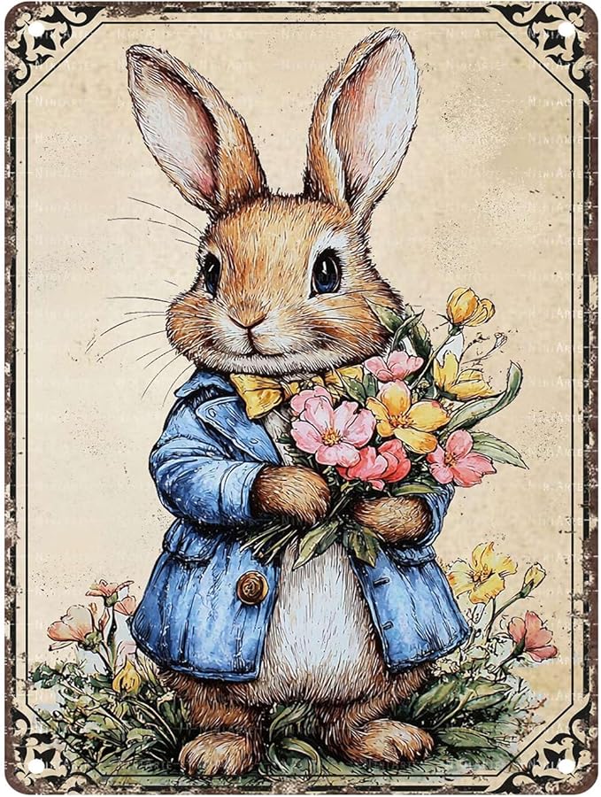 Easter Bunny Tin Sign Retro Sign Rabbit Vintage Retro Sign Home Decor Metal Sign for Home Garden Living Room Easter Wall Decorations 12X16Inch