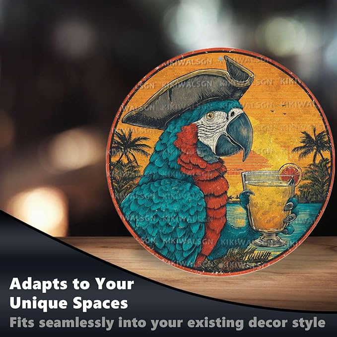 Vintage Parrot Round Metal Sign Retro Beach Tin Sign Nostalgic Rustic Wall Decor Kitchen Bar Man cave Living Room Bedroom Garage Bathroom 12 * 12 In